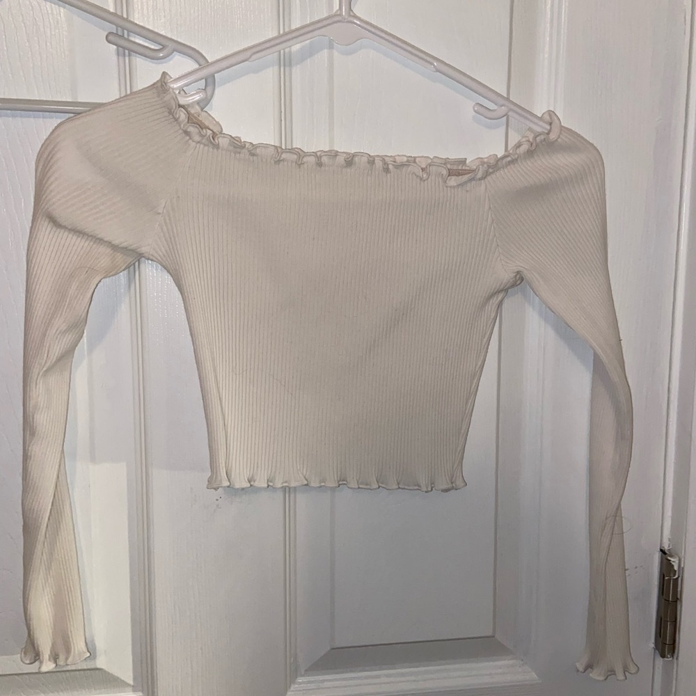 White long sleeve crop top; could be worn off the shoulder; stretchy material